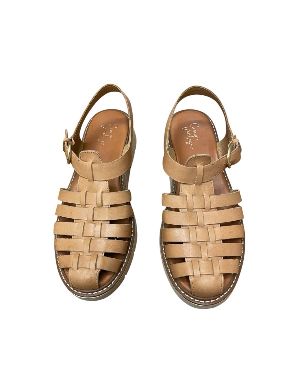 Crown Vintage Ava 8 Tan Leather Fisherman Platform Sandals Cage Lug Sole - Picture 2 of 6